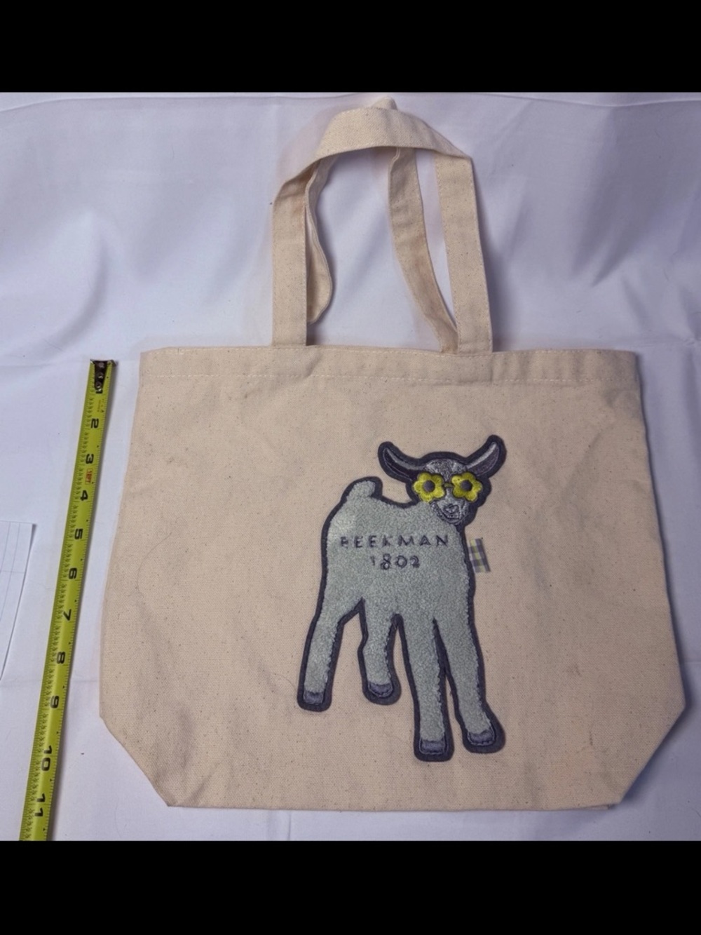Beekman 1802 Natural Canvas Tote with Embroidered Goat and Yellow Flower Eyes